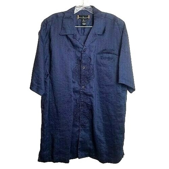 Stacy Adams Other - Stacy Adams Mens Button Camp Shirt LARGE Blue Ramie Short Sleeve Pocket‎ Casual